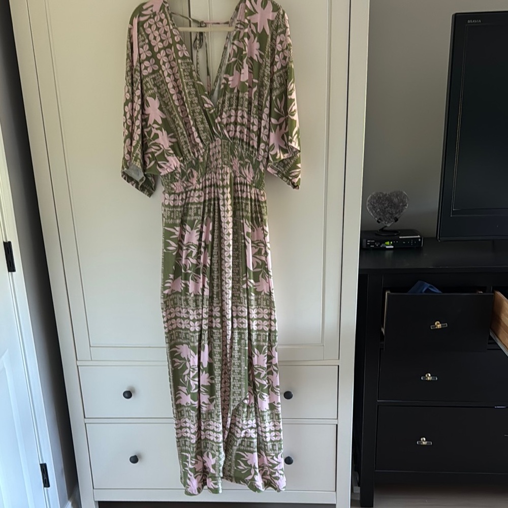 Floral V-Neck Maxi Dress - Pink and Green